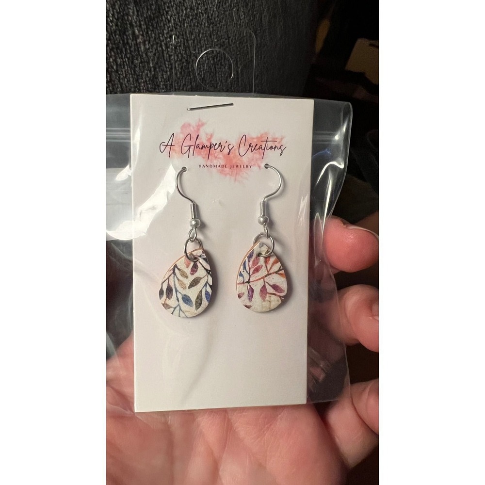 A Glamper's Creations Teardrop Earrings Womens Cream New Fall‎ Leaves Leather